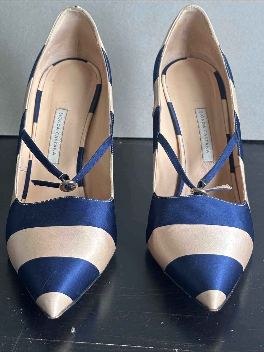 BiONDA CASTANA Women’s EU 41 US 10 Blue Cream Satin Stripe Pointed Toe Mary Jane